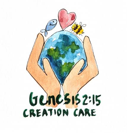 Hands holding the World with a fish, a bee and a pink heart. 