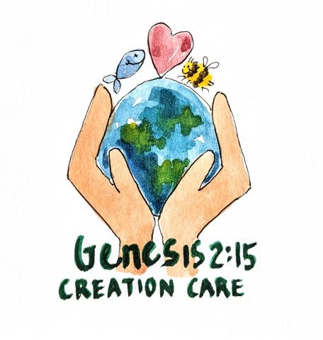 Hands holding the World with a fish, a bee and a pink heart. 